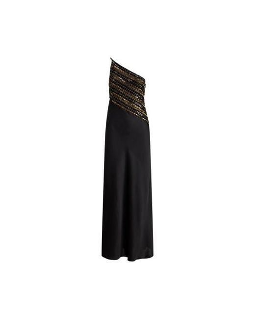 Ralph Lauren Black Beaded Mesh & Satin One-Shoulder Gown