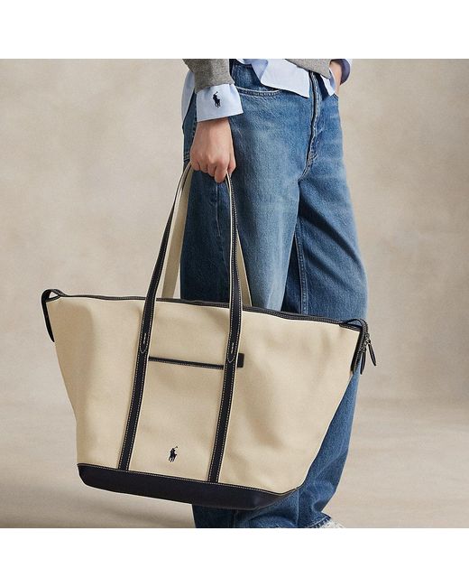 Ralph Lauren★Leather-Trim Canvas Large Shopper Tote Polo Ralph Lauren Leather-Trim Canvas Large Shopper Tote in