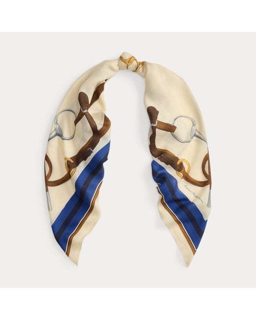 Ralph Lauren Blue Belting-Print Wool-Silk Square Scarf