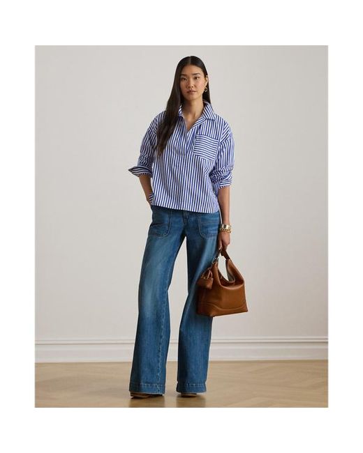 Ralph Lauren Blue Striped Cotton Broadcloth Cropped Shirt