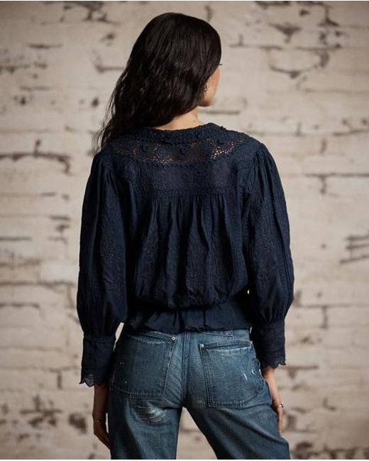 RRL Blue Bestickte Bluse Aus Baumwollvoile