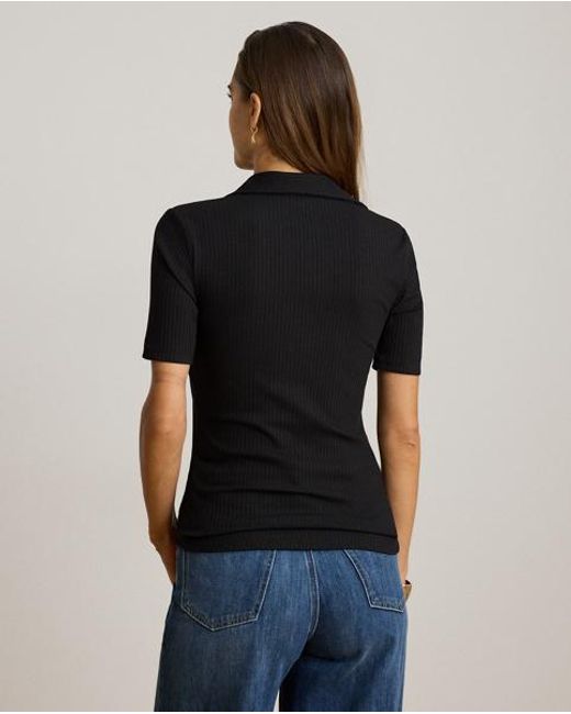 Ralph Lauren Black Rib-Knit Elbow-Sleeve Polo Tee