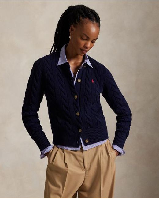 Polo Ralph Lauren Blue Cable-Knit Wool-Cashmere Cardigan