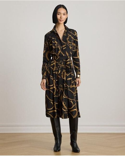 Ralph Lauren Black Belting-Print Pleated Crepe Shirtdress