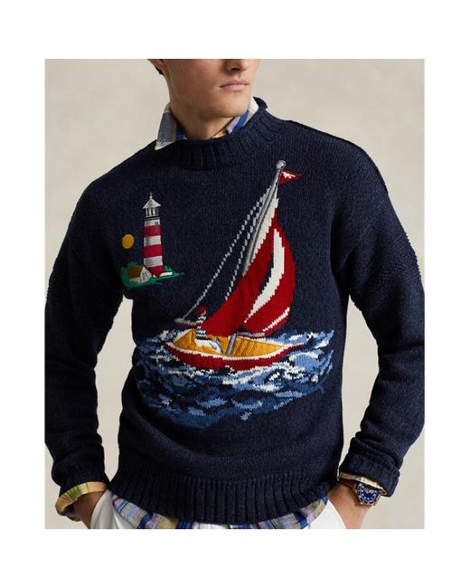 Maglia in cotone con barca a vela di Polo Ralph Lauren in Blue da Uomo