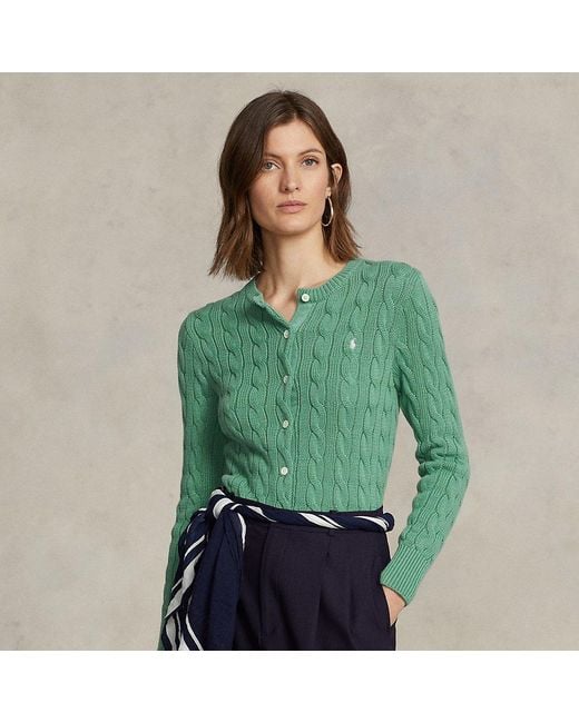 Polo Ralph Lauren Cable-knit Cotton Crewneck Cardigan in Green | Lyst