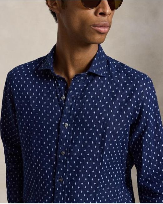 Polo Ralph Lauren Blue Custom Fit Geometric-Print Linen Shirt for men