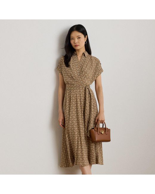 Ralph Lauren Natural Geo-Print Belted Crepe Dress