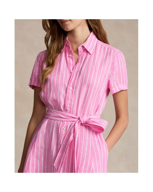 Polo Ralph Lauren Blue Belted Striped Linen Shirtdress