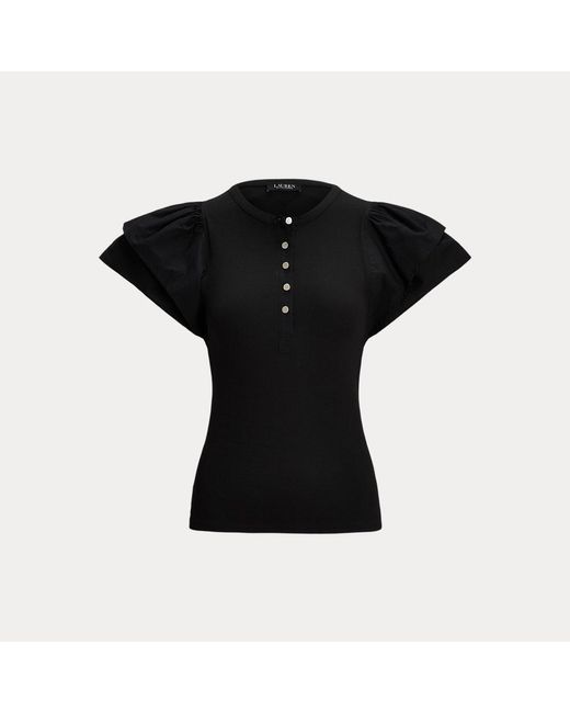 Maglietta serafino stretch con volant di Lauren by Ralph Lauren in Black