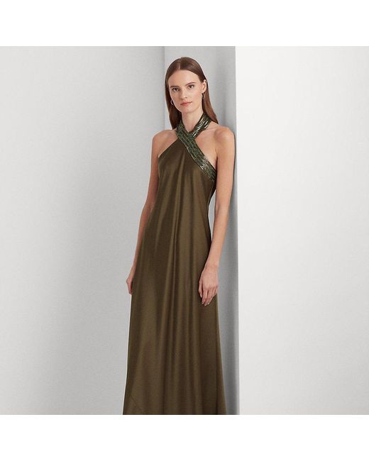 Lauren by Ralph Lauren Brown Beaded Satin Charmeuse Halter Gown