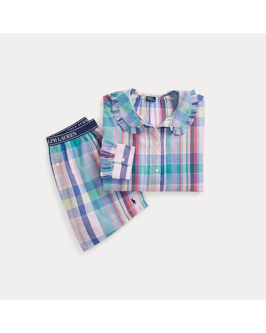Polo Ralph Lauren Blue Plaid Cotton Long-sleeve Pyjama Set