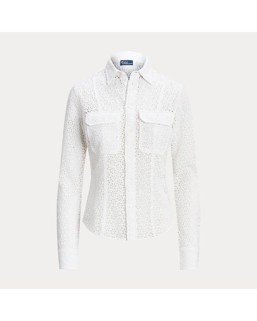 Polo Ralph Lauren White Leinenhemd mit Lochstickerei