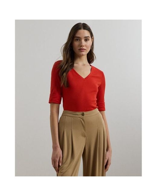 Maglietta in cotone con scollo a V di Ralph Lauren in Red