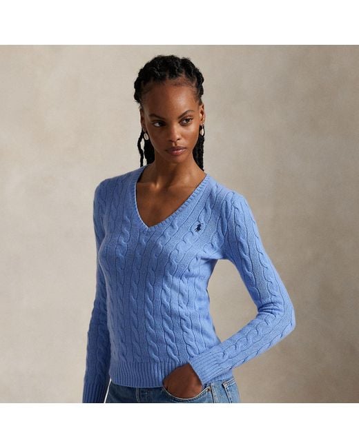 Ralph Lauren Blue Cable-Knit Wool-Cashmere V-Neck Sweater