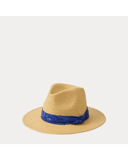 Ralph Lauren Blue Paisley-Scarf-Trim Straw Fedora