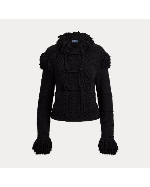 Polo Ralph Lauren Black Knit-Fringe Wool Cardigan