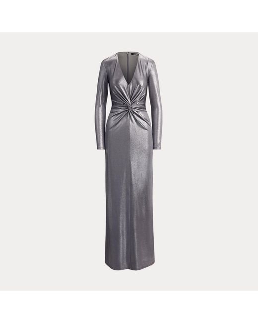 Ralph Lauren Gray Twist-Front Metallic Stretch Jersey Gown