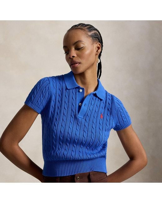 Polo Ralph Lauren Blue Cable-Knit Cotton Cropped Polo Shirt