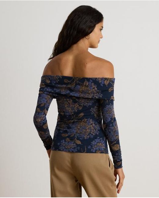 Ralph Lauren Blue Floral Jersey Off-The-Shoulder Top