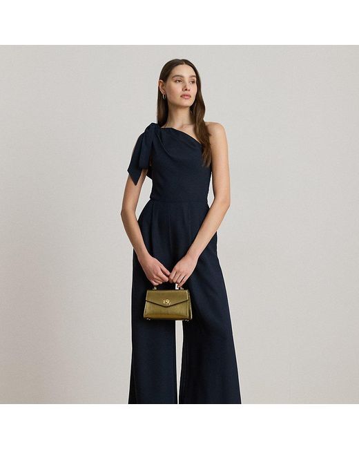 Ralph Lauren Blue Bow-Trim Crepe One-Shoulder Jumpsuit