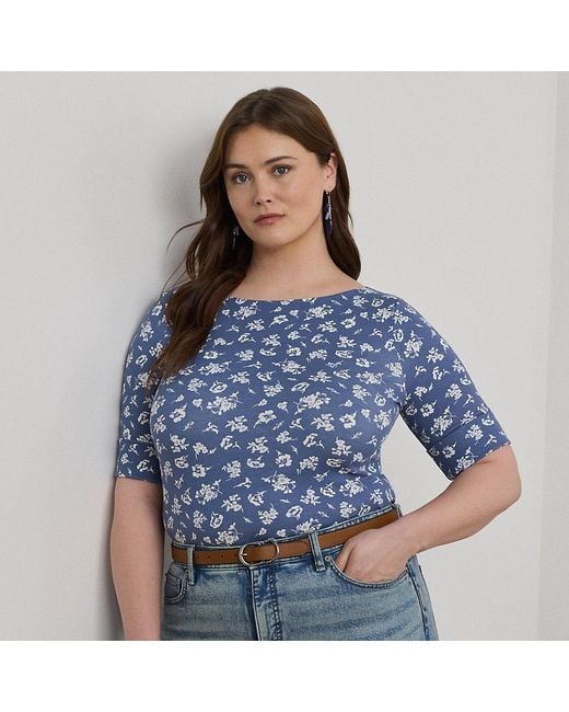 Taglie Plus - Maglietta a fiori con scollo a barchetta di Ralph Lauren in Blue