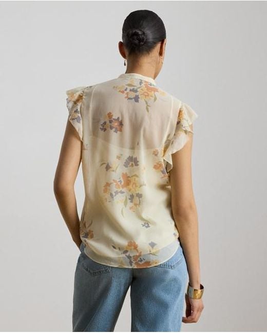 Ralph Lauren Natural Floral Pintucked Tie-Neck Blouse