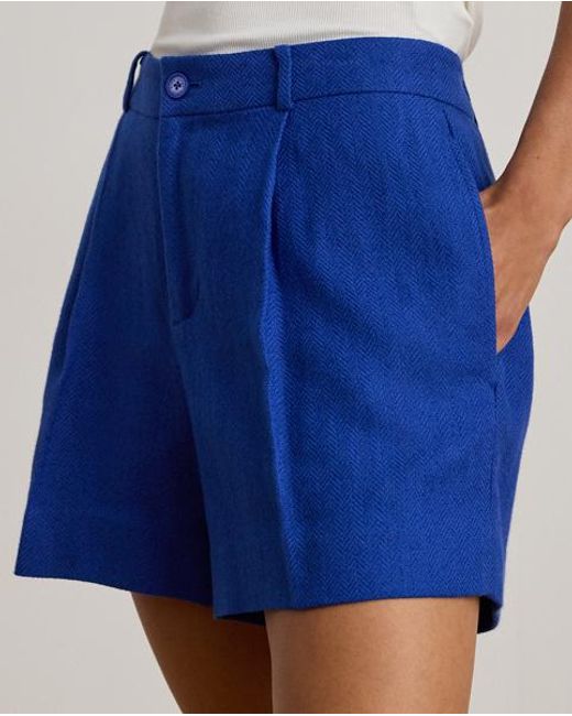 Ralph Lauren Blue Pleated Linen-Cotton Herringbone Shorts