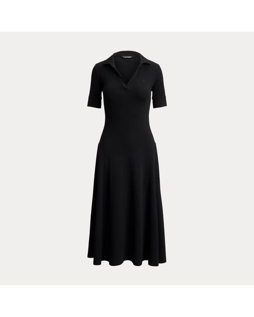 Ralph Lauren Black Rib-Knit Elbow-Sleeve Polo Dress