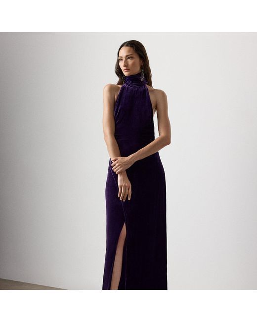 Ralph Lauren Blue Tatum Stretch Velvet Evening Dress