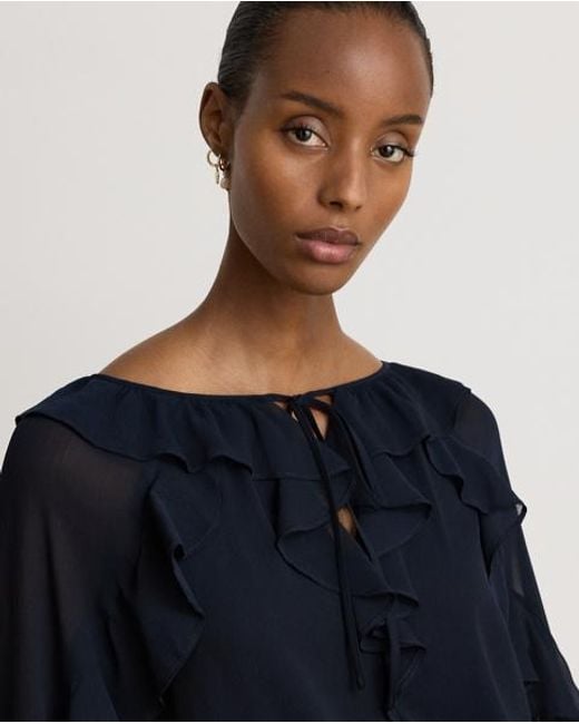 Ralph Lauren Blue Ruffle-Trim Crinkle Georgette Blouse