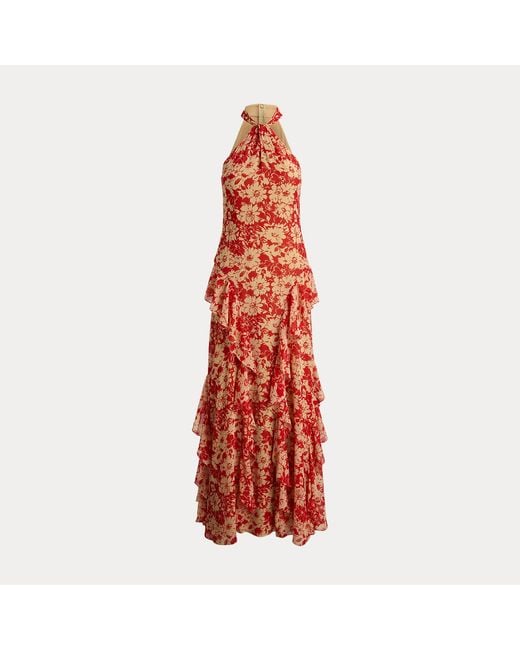 Ralph Lauren Red Floral Ruffle-Trim Georgette Halter Gown