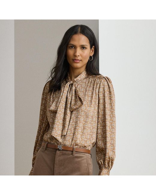 Ralph Lauren Brown Geo-Print Twill Tie-Neck Blouse
