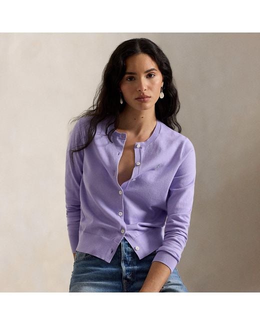 Polo Ralph Lauren Purple Stretch Cotton-Blend Crewneck Cardigan