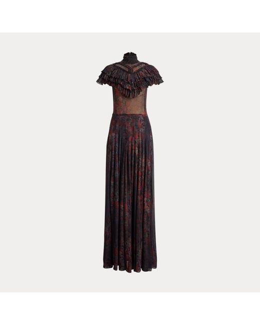 Ralph Lauren Blue Geblümtes Chiffon-Abendkleid Cressida