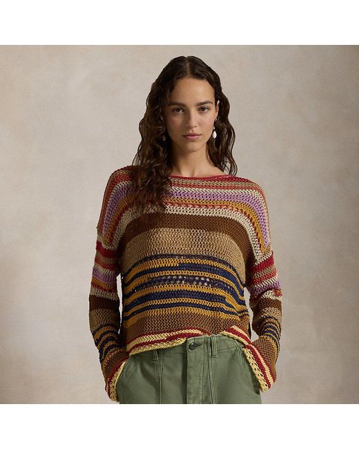 Polo Ralph Lauren Brown Striped Linen-Cotton Crocheted Jumper