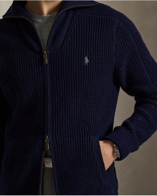 Polo Ralph Lauren Blue Waffle-Knit Wool-Cotton Full-Zip Jumper for men