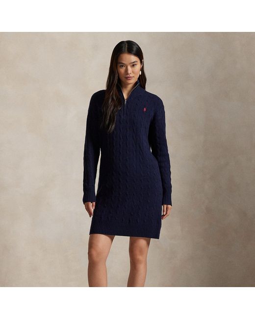 Polo Ralph Lauren Blue Cable Quarter-Zip Wool-Cashmere Dress