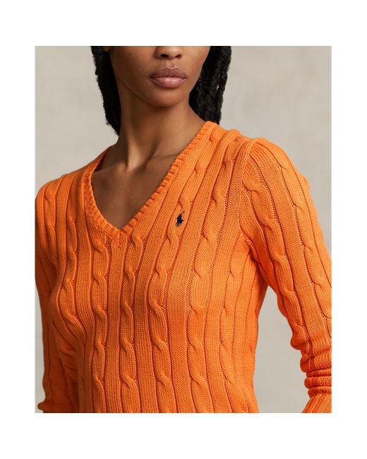Maglia in cotone a trecce con scollo a V di Polo Ralph Lauren in Orange