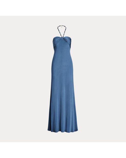 Lauren by Ralph Lauren Blue Neckholder-Jerseykleid mit Perlenbesatz