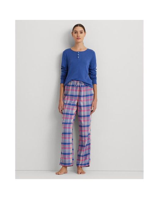 Lauren by Ralph Lauren Geruite Henley-pyjamaset Van Katoenmix in het Blue