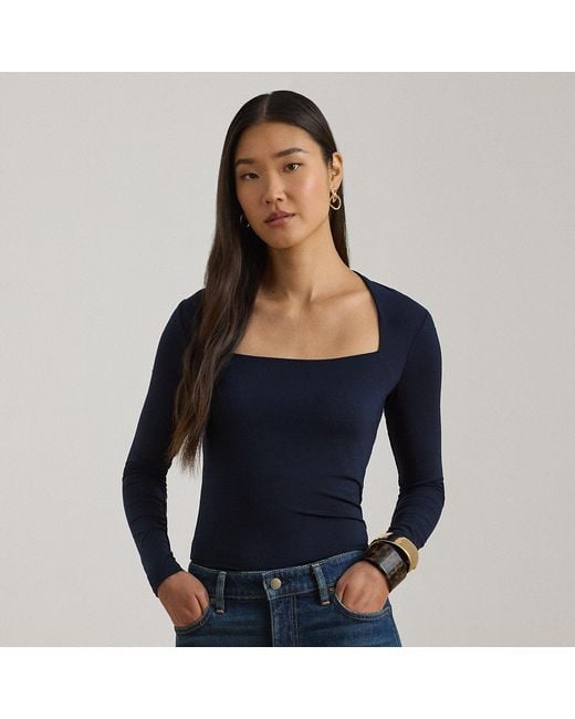 Ralph Lauren Blue Square-Neck Stretch Jersey Top