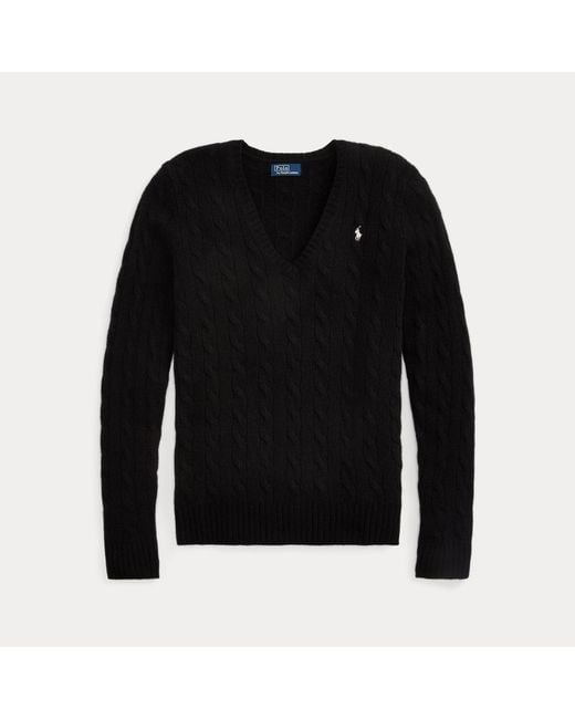 Ralph Lauren Black Cable-Knit Wool-Cashmere V-Neck Sweater
