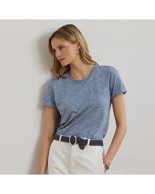 Ralph Lauren Blue Striped Cotton Slub Jersey Pocket Tee