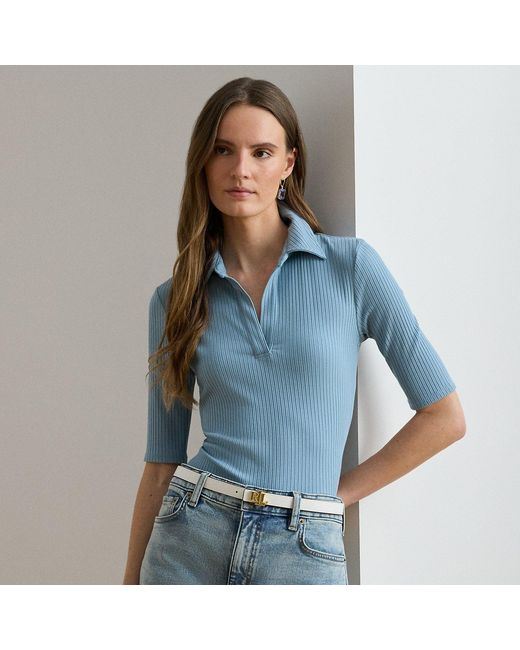 Ralph Lauren Blue Rib-Knit Elbow-Sleeve Polo Tee