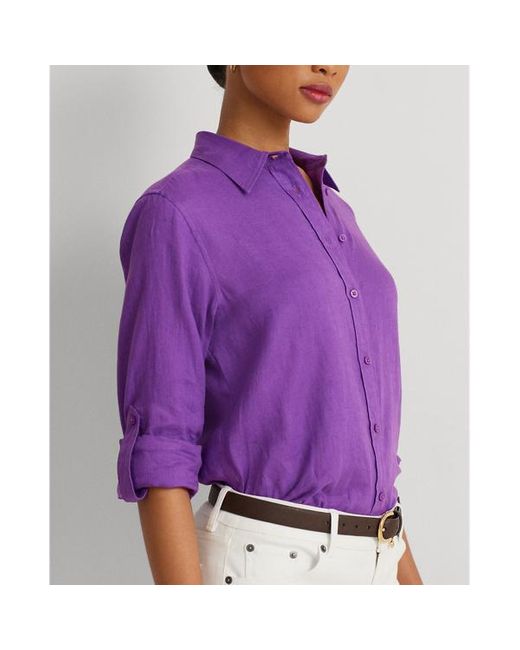 Lauren by Ralph Lauren Purple Relaxed Fit Linen Roll Tab-sleeve Shirt