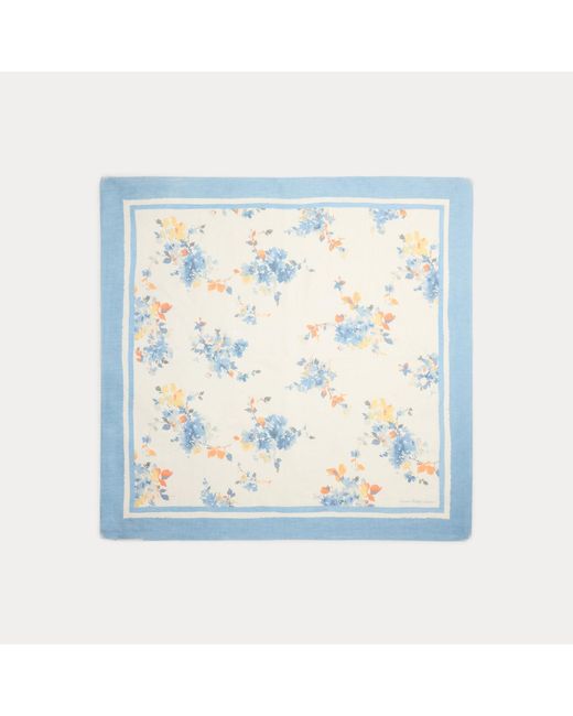 Ralph Lauren Blue Floral Linen-Cotton Square Scarf