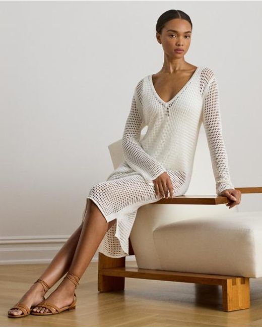 Ralph Lauren Gray Linen-Blend Crocheted Dress Cover-Up