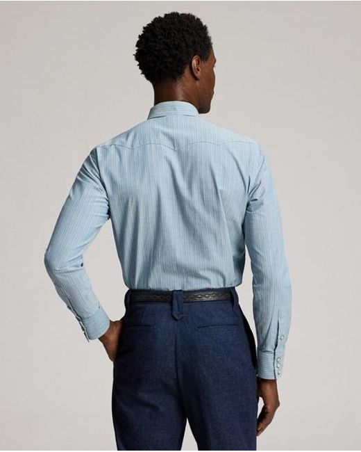 RRL Blue Slim Fit Striped Western Shirt for men
