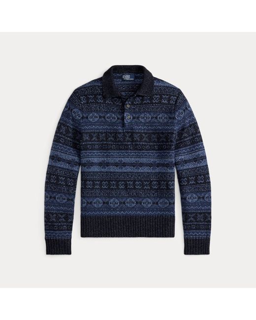 Polo Ralph Lauren Blue Fair Isle Wool And Linen-Blend Polo Sweater for men